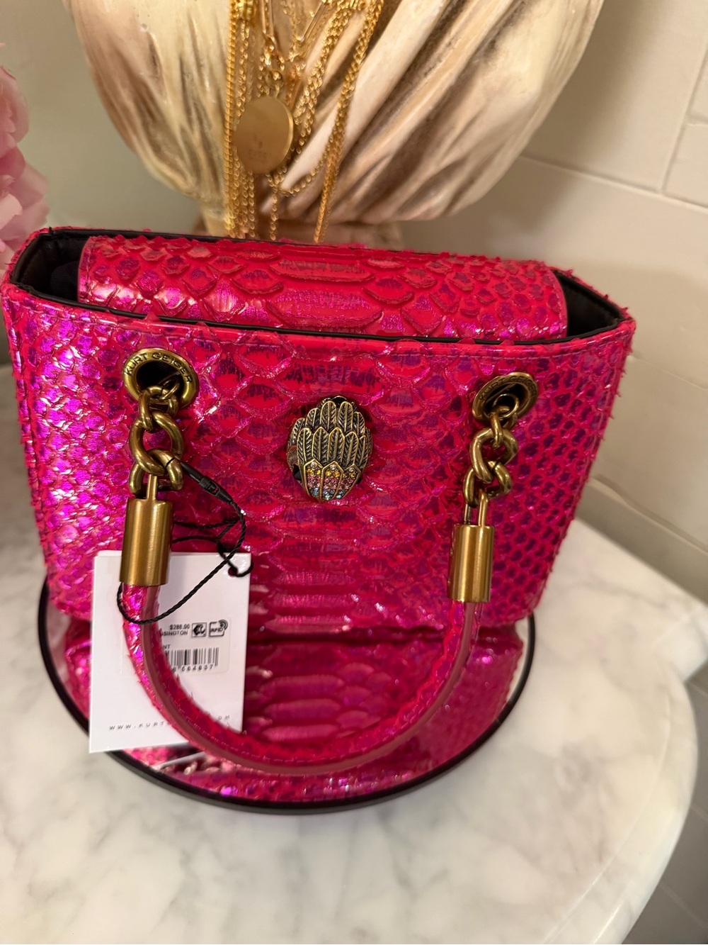 NWT Kurt Geiger Hot Pink Metallic Mini Kensington Satchel with Gold Hardware
